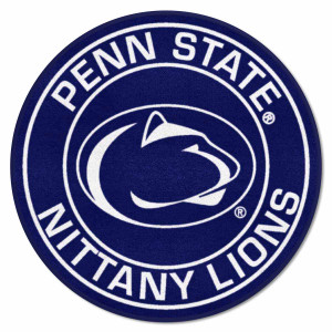 round navy rug with Penn State Nittany Lions encircling Athletic Logo